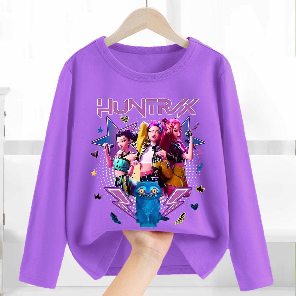 Cotton T-Shirts Girls Long Sleeve Children's Cartoon Printed Clothing Children's Purple Clothes Girls Crew Neck Top