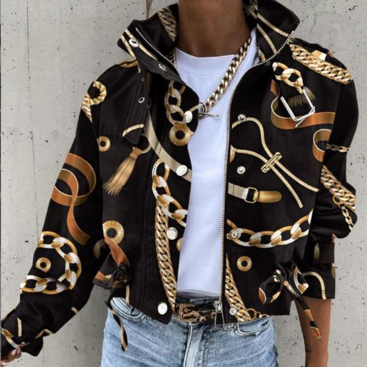 Winter Women Jackets Vintage Print Long Sleeve Button Coat Geometric Autumn Tops Ladies Leisure Outerwear Short