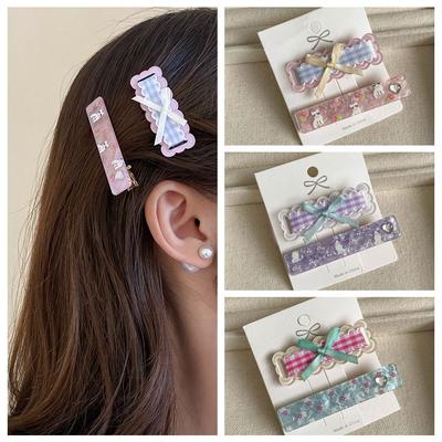2Pcs/set Barrettes Cartoon Cat Hairpin Korean Style Korean Hair Clip Bow Plaid Hair Clip  School