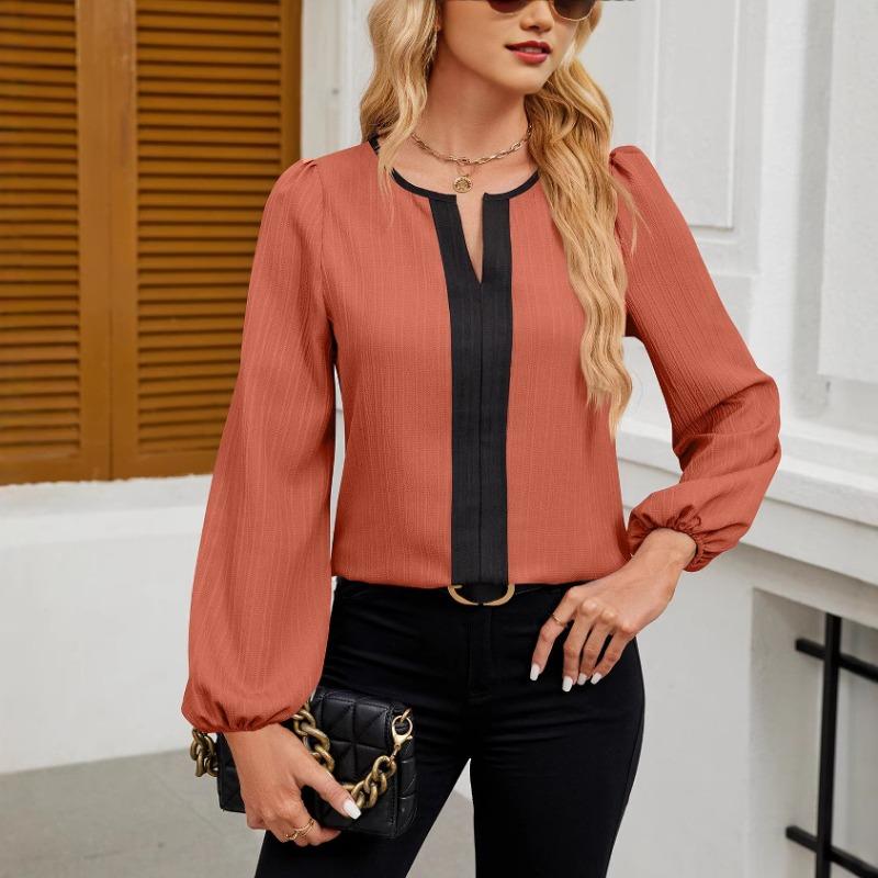 Haut de chemise à manches longues bouffantes à col en V et à assortiment de couleurs pour femmes
