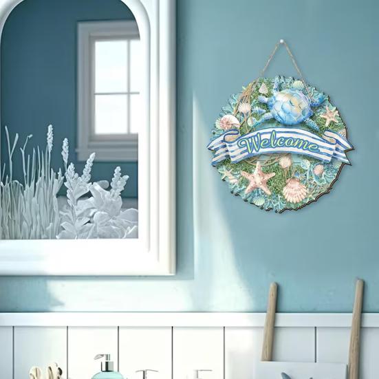Welcome Summer Sign Shells Starfish Wall Hanging Wreath Farmhouse Coastal Beach Wooden Round Door Hanger for Front Door Porch Courtyard Decor
