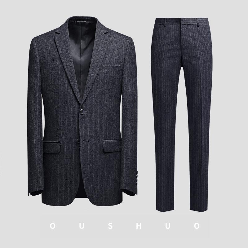 Men's Slim Fit Double-Breasted Gray Striped Suit - British Style Business Casual/Formal Tuxedo for Groom or Wedding.