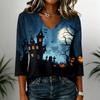 Women's Casual V Neck Halloween Print 3/4 Sleeve T Shirt Top Lightweight Soft Fabric Comfortable Fit Stylish Design for Everyday Wear