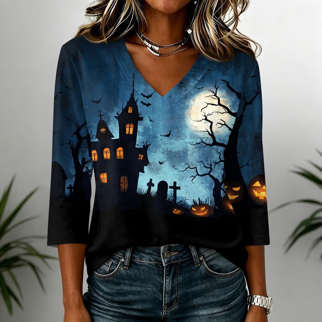Women's Casual V Neck Halloween Print 3/4 Sleeve T Shirt Top Lightweight Soft Fabric Comfortable Fit Stylish Design for Everyday Wear
