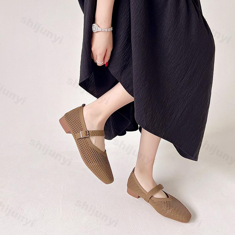 Fashion Women's Fly Weave Mesh Shoes Summer New Breathable Soft Sole Slip on Casual Shoes Lightweight Comfortable Buckle Strap Low Heels