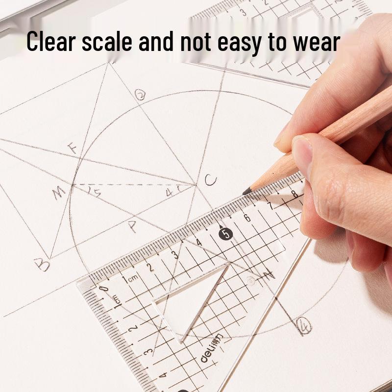 Deli VC126 Transparent Ruler & Protractor Set: Anti-break, Straight/Square for Students