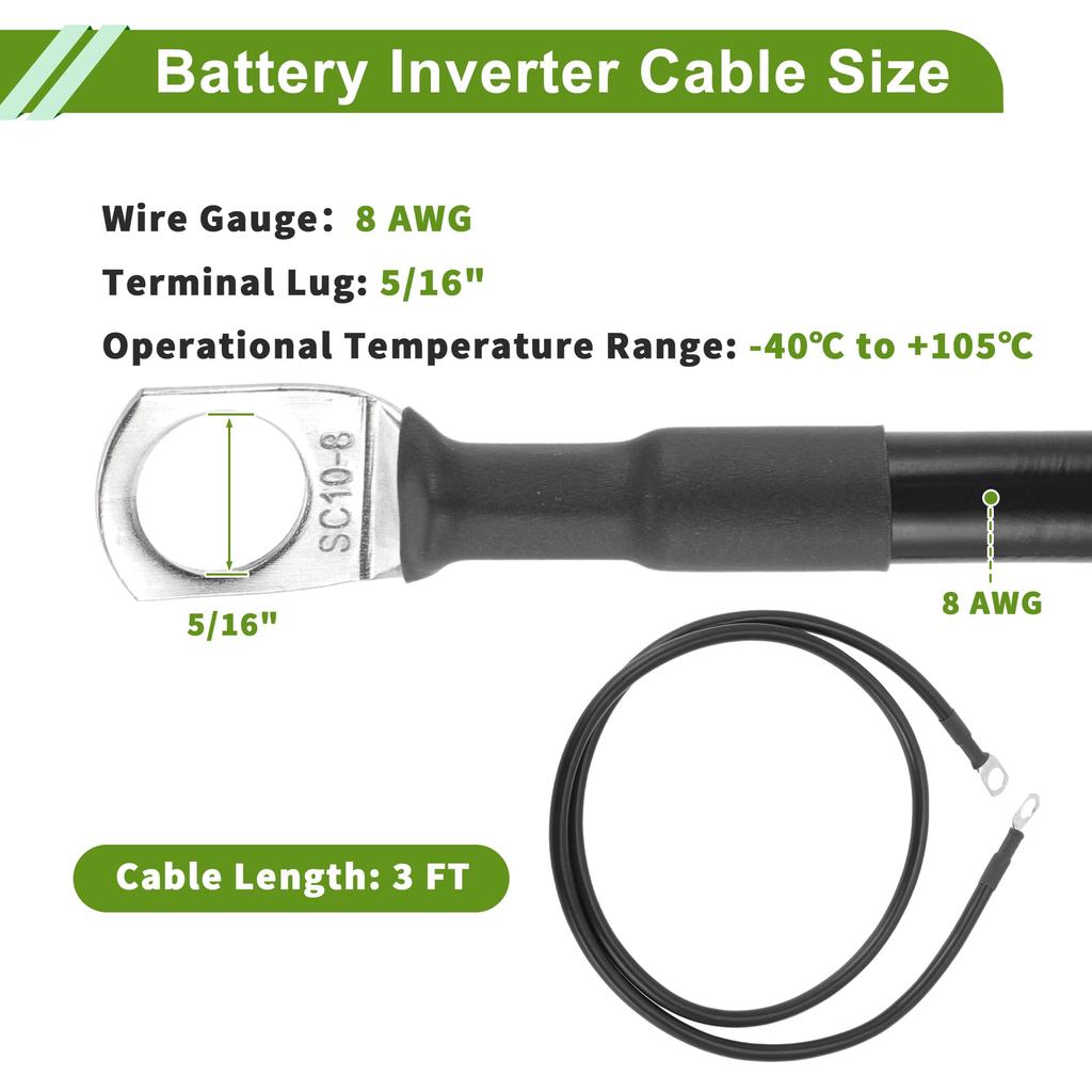 HOPESPANNER Universal 5/16" Lug Inverter Cable Black 3FT Cable Tinplated Copper 1pcs