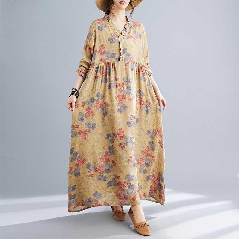 Season's New Vintage Print Loose Hem Long Dress