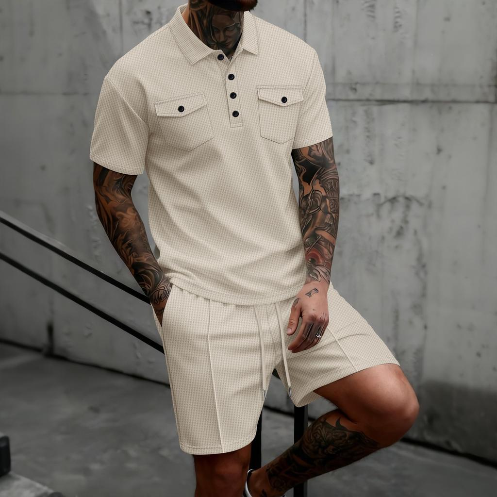New Men’s Casual Double-pocket Short-sleeved Polo Shirt and Shorts Summer Fashion Set