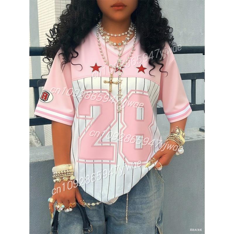 Los Angeles No.28 Digital Printed Striped Jersey Tshirt Fashionable Streetwear Short Sleeved Summer Women's Casual Loose Top