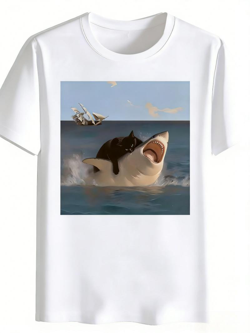 

Funny Black Cat Riding Shark Graphic Print TShirtUnisex Women Casual Crew Neck TopCreative Meme Print Summer Streetwear Tee S