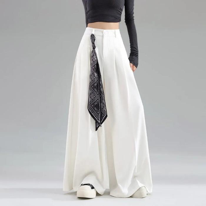 

Draped Wide-Leg High-Waisted Pants for Women with Scarf, Flared Slimming Design, Versatile Floor-Length Autumn Wear 2XL белый