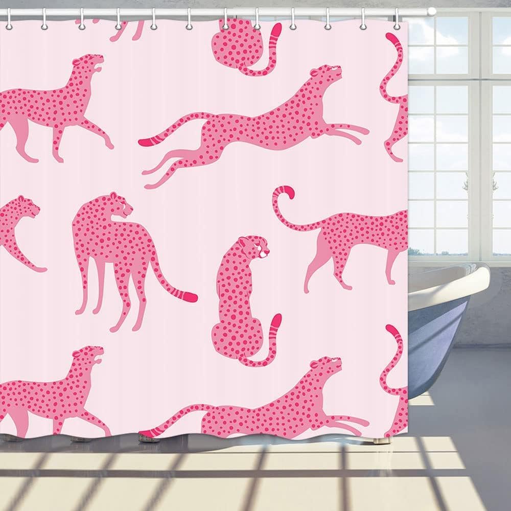 Pink Leopard Print Pattern Waterproof Shower Curtain 180X200Cm - Jungle Animal Print Bath Curtain For Living Room Decor