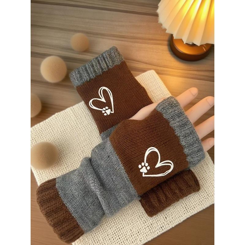 Gants en tricot sans doigts avec broderie de chat et patchwork, Gants décontractés ouverts aux doigts tendance pour femme, Mitaines chaudes d'hiver sans doigts