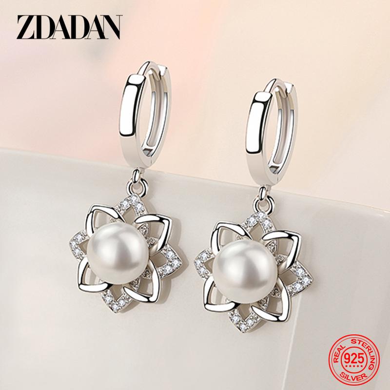 925 Sterling Silver Vintage Floral Pearl Drop Earrings for Women Fashion Wedding Jewelry Gift