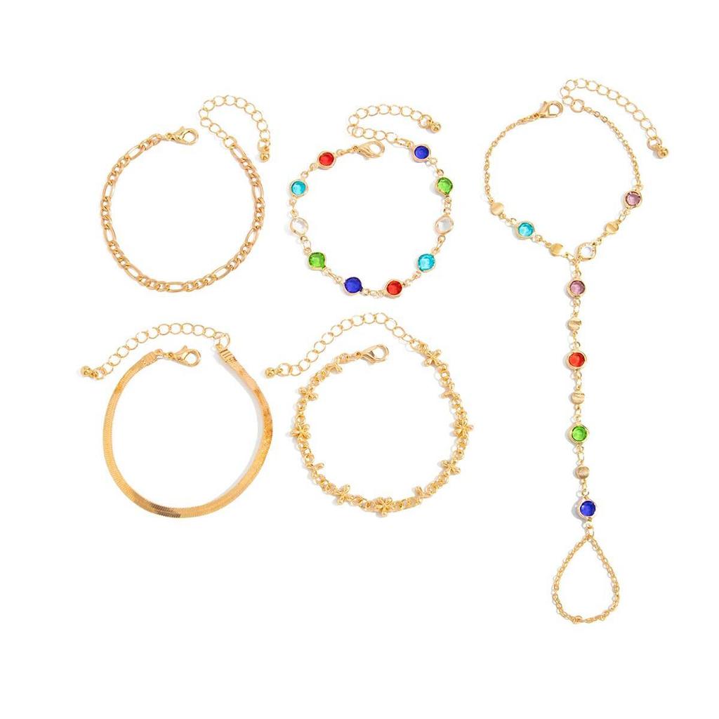 SHIXIN Set 5 Pezzi Elegante Bracciale Colorato con Zirconi per Donna 2026 Moda Raffinato Anello da Dito Collegamento Bracciale Gioielli da Festa Regalo