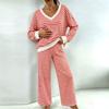 eBay European Striped V-Neck Home Suit Women's Loose Long Sleeve Wide Leg Pants Soft Skin-friendly Pajamas Two-piece Set