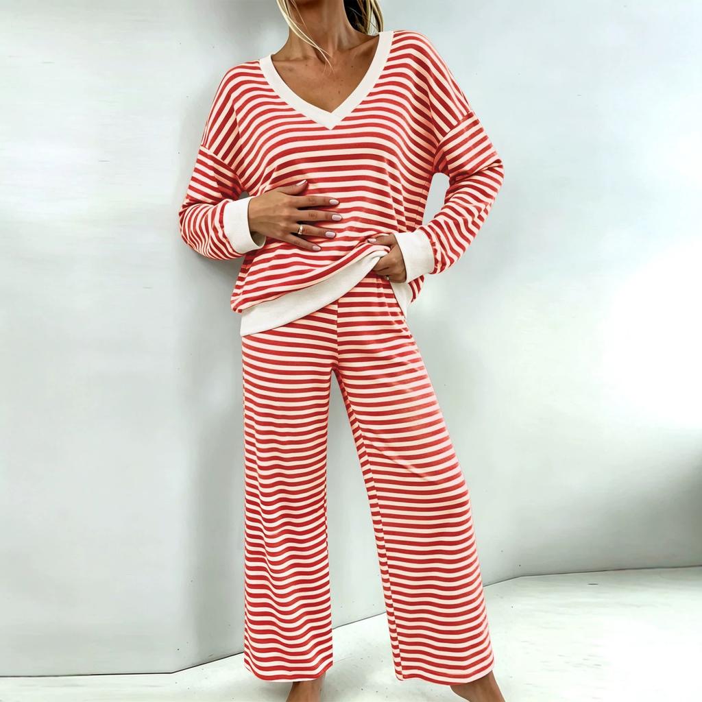 eBay European Striped V-Neck Home Suit Women's Loose Long Sleeve Wide Leg Pants Soft Skin-friendly Pajamas Two-piece Set
