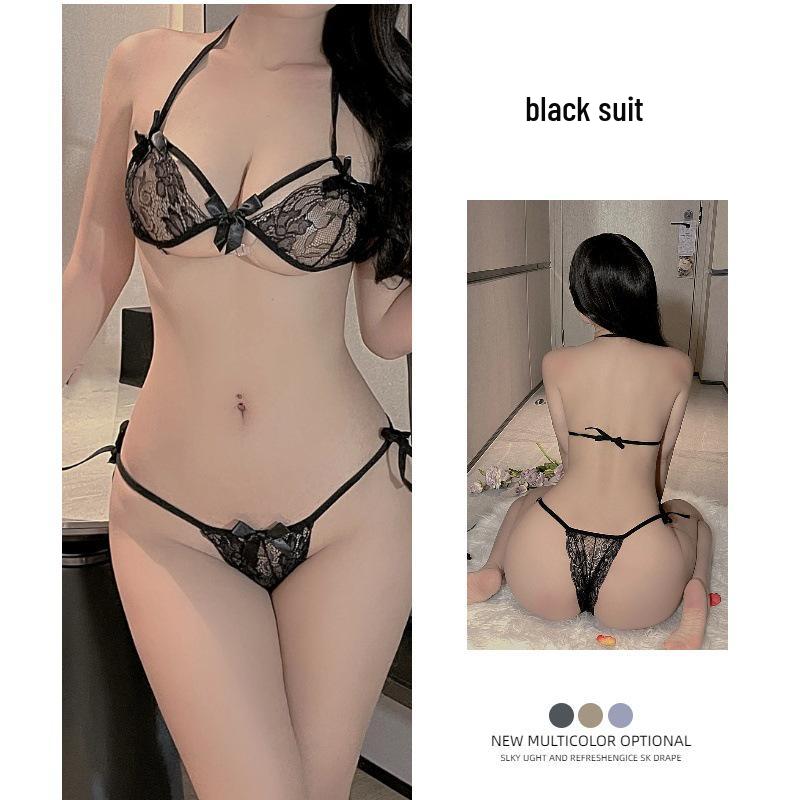 Sexy Three-Piece Lace Lingerie Set - Sheer, Chest-Enhancing Bra & Temptation Lacing Panties