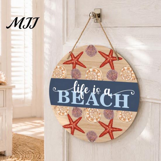 Summer Party Supplies Wooden Swim Ring Hanging Sign for Pool Decoration, Beach Theme Wall Rustic Decor Art with Hemp Rope, Double Layer Seaside