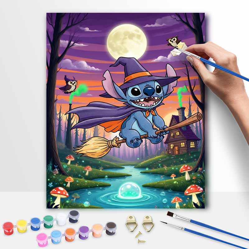 Disney digital oil painting witch Stitch flying broom forest moon hand painting home decoration painting 20x30cm
