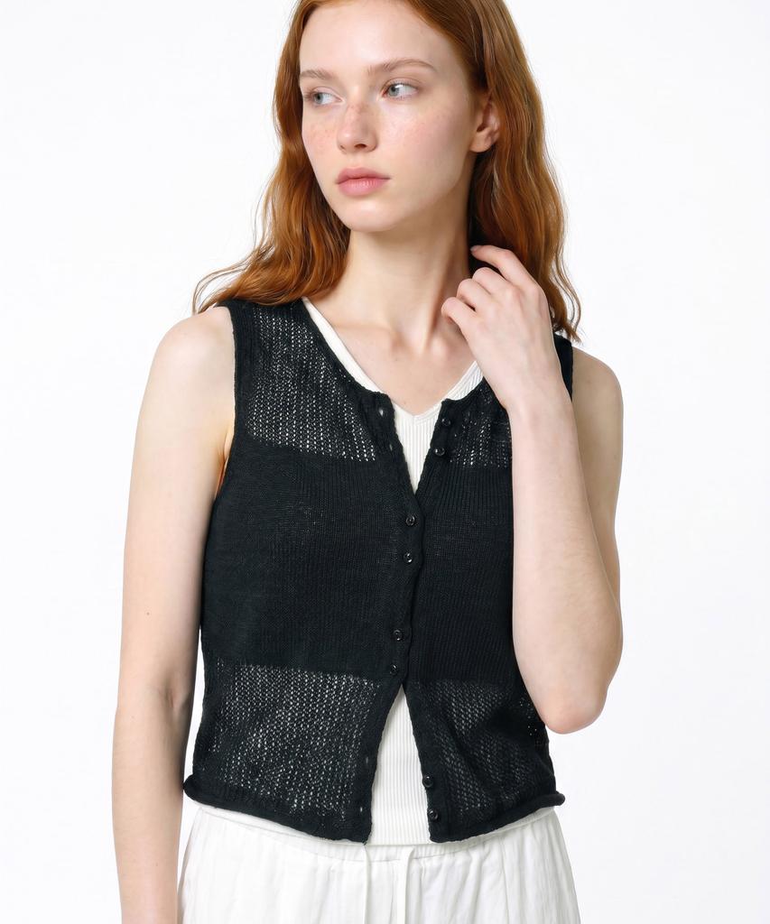 Seuneogeuyu Tiny Button See-Through Layering Knit Vest_Black