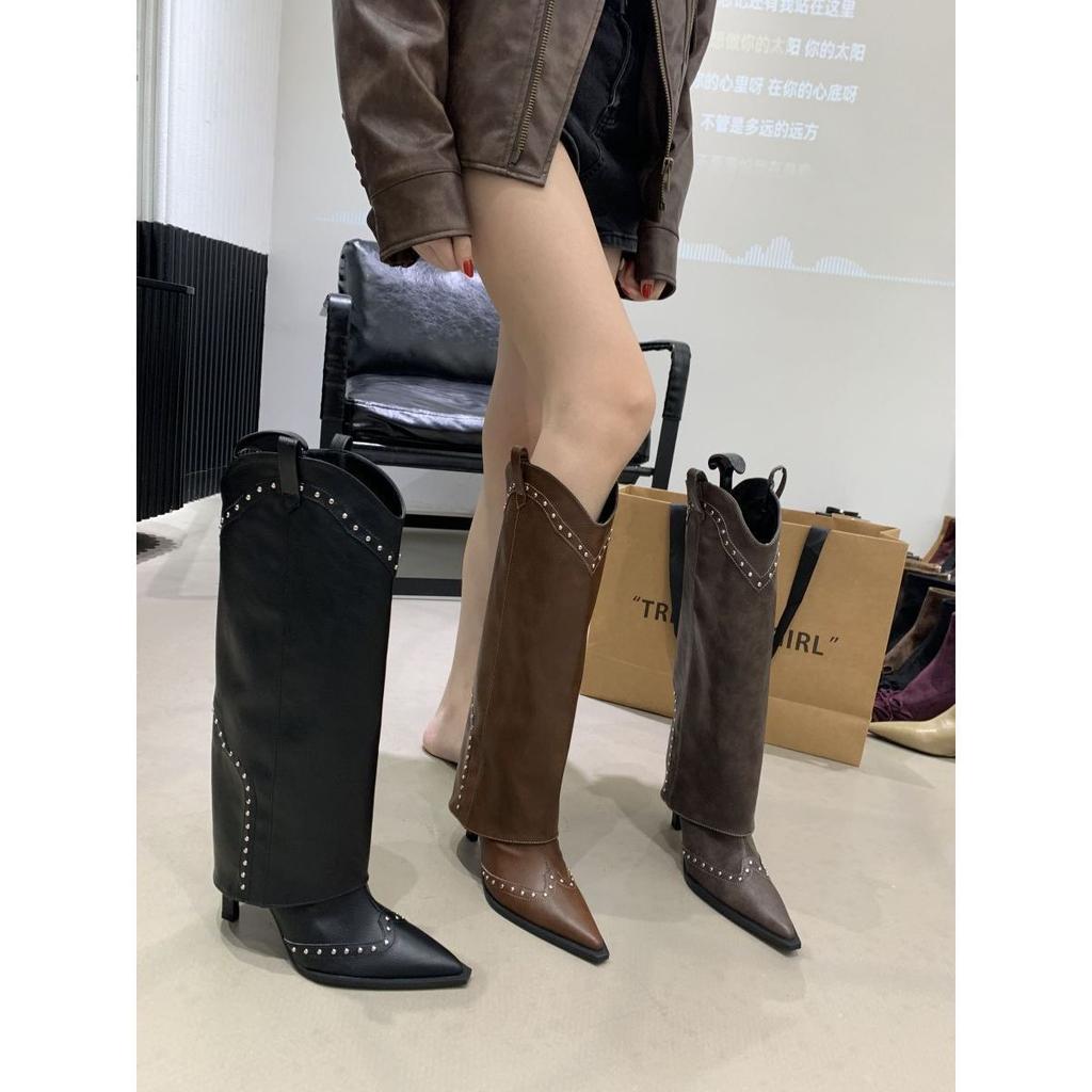 Pointed thin heel boots 2025 autumn new retro high heel trouser boots niche versatile high tube fashion boots women
