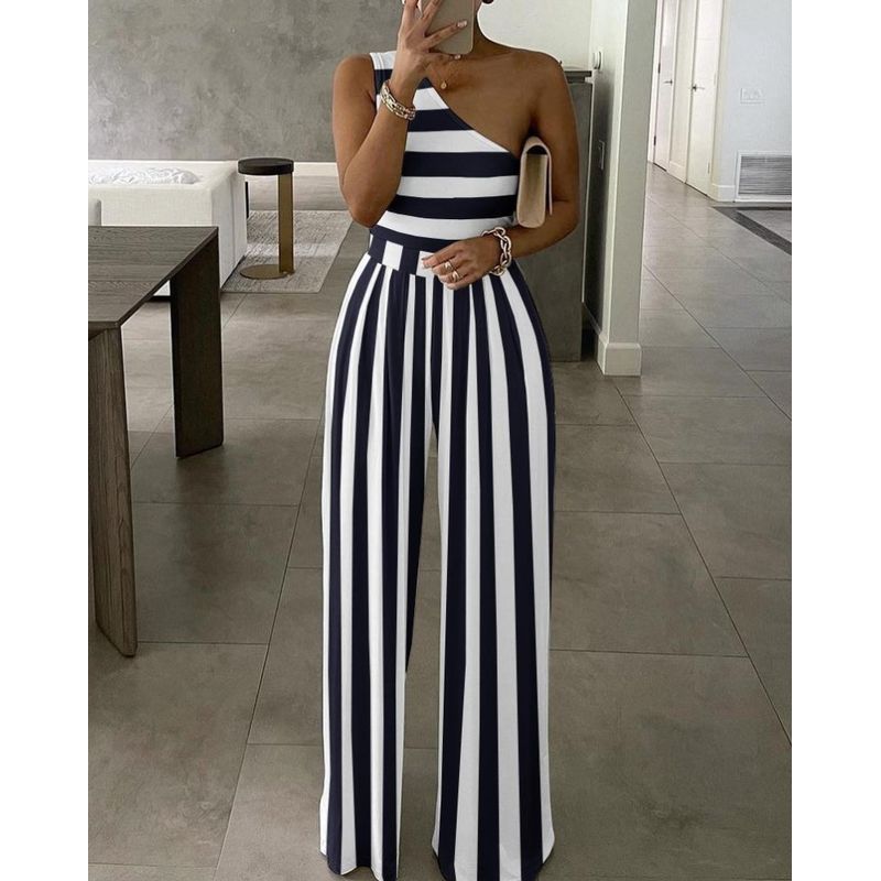 Women One Shoulder Jumpsuit European and American New Women's Clothes Purplish Blue Stripes Casual Jumpsuit