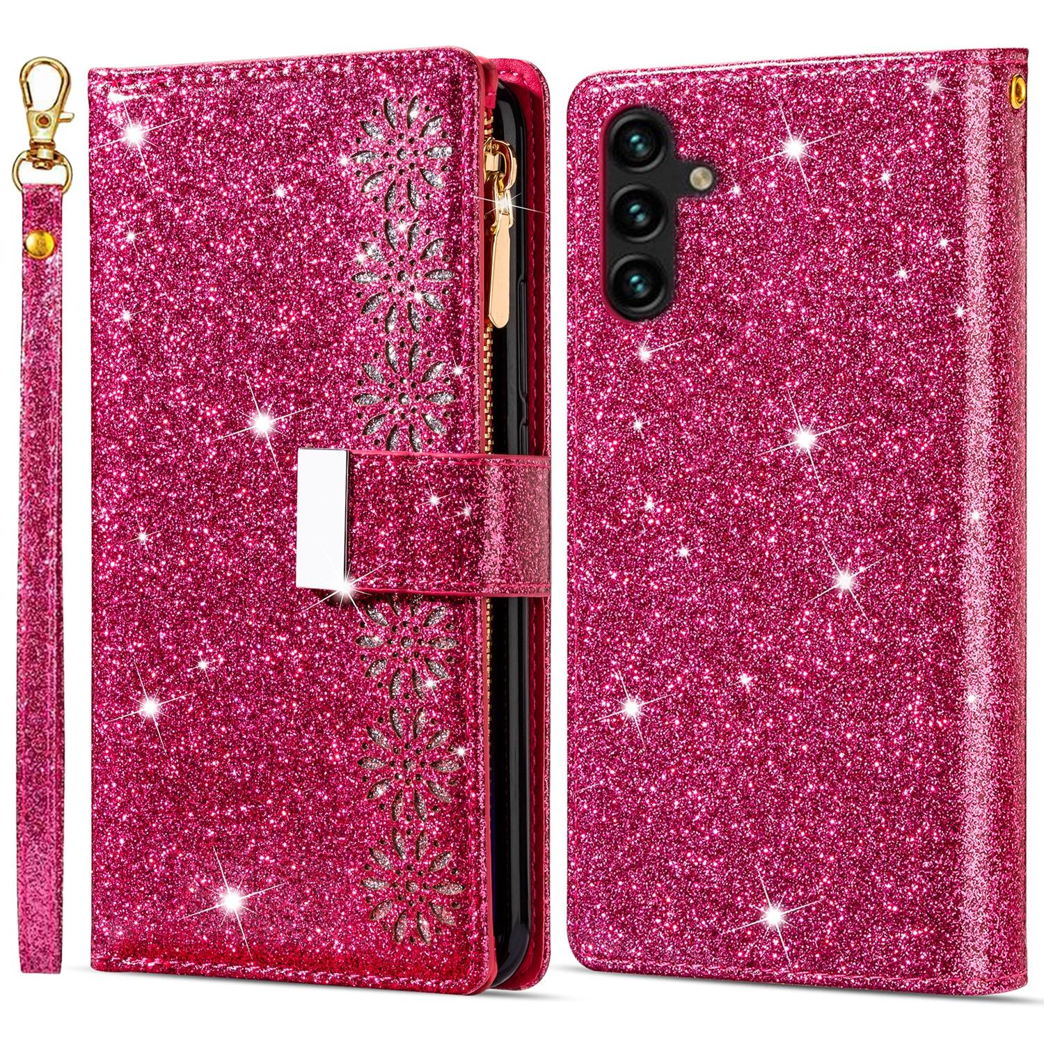 

For Samsung Galaxy A55 5G Leather Case Stand Zipper Wallet Glittery Phone Cover Rose