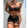 GZW Ladies Sexy Lingerie Set New Lace Mesh See-Through Thin Erotic Underwear Bra Garter Leg Ring Panties Women Adult