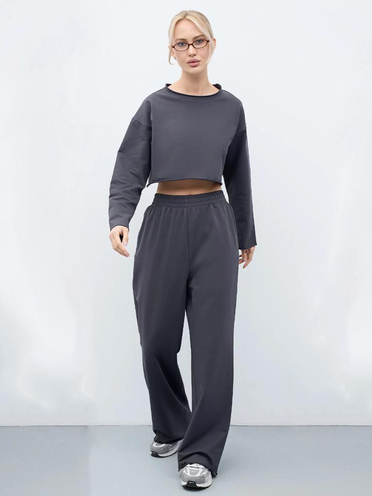Spring and Summer Women's Casual Suit Solid Color Long Sleeve Crew Neck T-Shirt Elastic Wide Leg Pants Two-piece Set