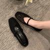 Women's Single Shoes Summer Hollow Breathable Woven Casual Shoes Fashionable Square Toe Soft Surface Shallow Mouth Flat Shoes
