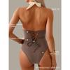 One-piece Swimsuit New Sexy Solid Color Stitching Halterneck Women's Swimsuit