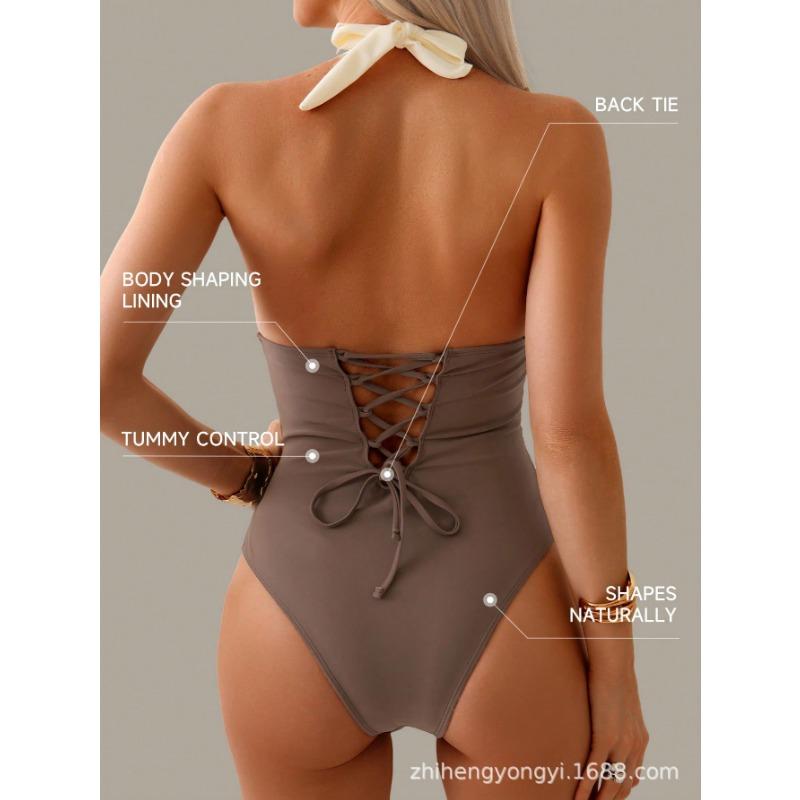 One-piece Swimsuit New Sexy Solid Color Stitching Halterneck Women's Swimsuit