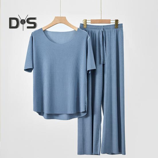 2-teiliges Sommer-Pyjama-Set mit O-Ausschnitt, kurzärmeligem T-Shirt, elastischer Bund, lange Hosen, einfarbige Nachtwäsche aus Eisseide
