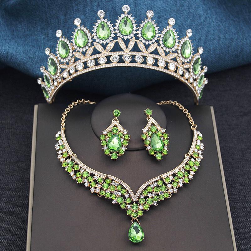 Wspaniałe Królewsko Niebieskie Kryształowe Zestawy Biżuterii Ślubnej Kolorowe Tiary Kolczyki Naszyjniki Zestaw dla Kobiet Suknia Ślubna Korona Zestaw Biżuterii