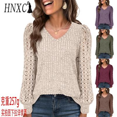 HNXC Women's Fashion Casual Solid Color Print Long Sleeve V Neck Blouses & Shirts