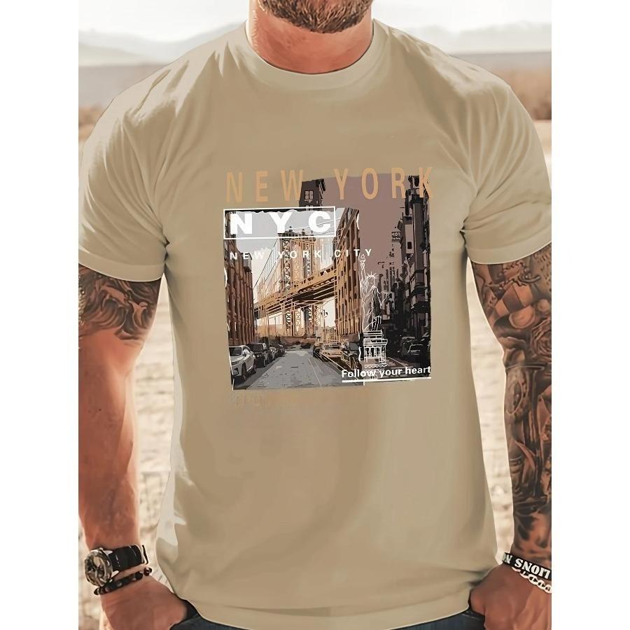 Herr 100% bomull sommar lös passform vardaglig New York-tryck rund hals kortärmad T-shirt topp O-hals Pactwork Vardags-T-shirt