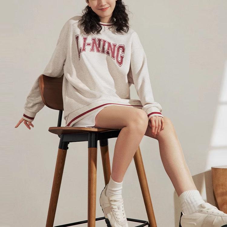 Li Ning Sports Lifestyle Series Letter Print Fleece Crew Neck Pullover Long Sleeve Sweatshirt Unisex Sweatshirt Flower-Gray Tile-Gray AWDTB51-1