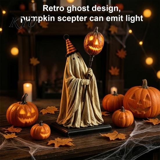 Lustige Halloween-Party-Dekoration, beleuchtete Geisterfigur mit Fernbedienung, Vintage-Harzstatue, leuchtender Kürbis, mysteriöse Feiertagsatmosphäre, Geschenk