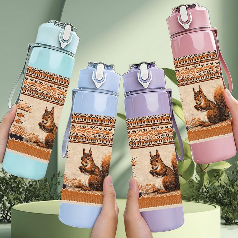 1PC Squirrel In Retro Frame Art Print 750ml Color Plastic Sports Water Bottle Leakproof Flip Straw Lid Suitable for Sports Office Home Use