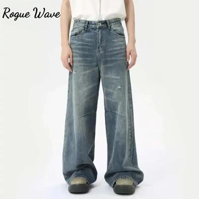 RogueWave American Style Men's Denim Pants Washing Fashion Loose Men's Straight Trousers Casual Wide Leg Jeans