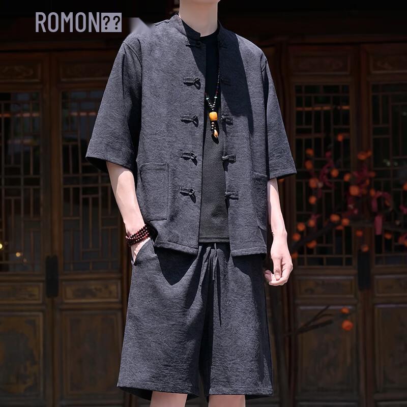 ROMON Men s New Chinese Style Ice Silk Shirt & Shorts Set 5XL чёрный