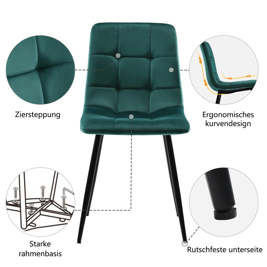 Dining Chair (4 pcs), Dark Green, 4-Piece Set Upholstered Chair Design Chair with Backrest, Seat Made of Velvet Frame Made of Metal