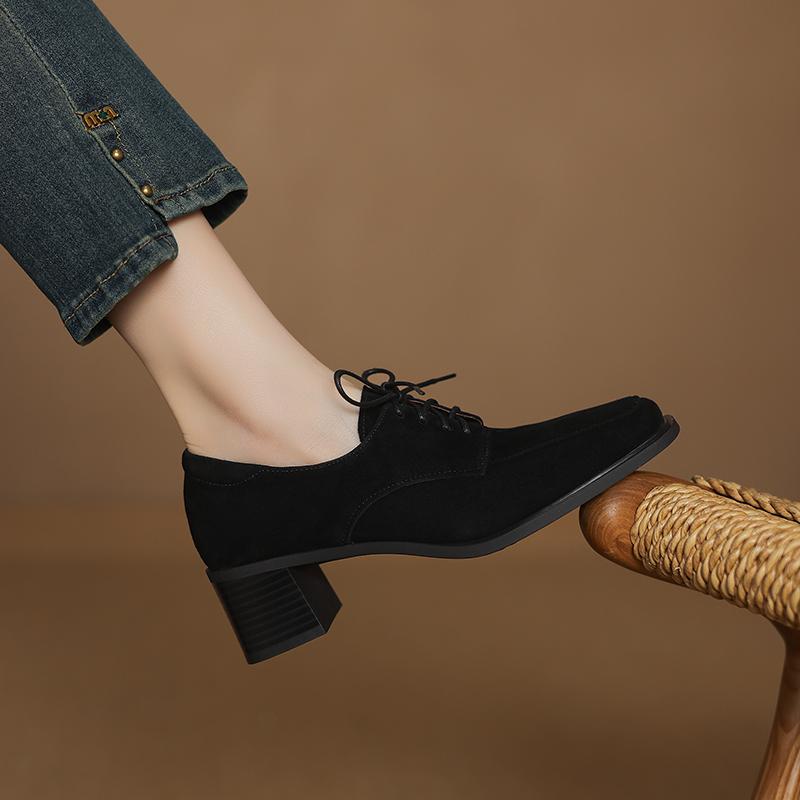 Fashion 2025 New Spring Women Pumps Kid Suede Shoes for Women Square Toe Chunky Heel Shoes Women Loafers Designer Ladies Shoes