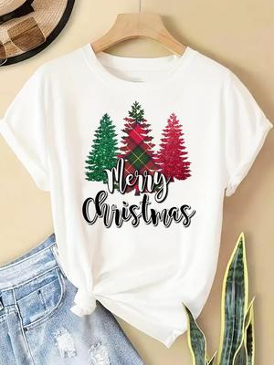 (Asian Size) Watercolor Letter New Year T Clothing Short Sleeve T-shirts  Print Merry Christmas O-neck Women's Top Fashion Holiday Graphic Tee