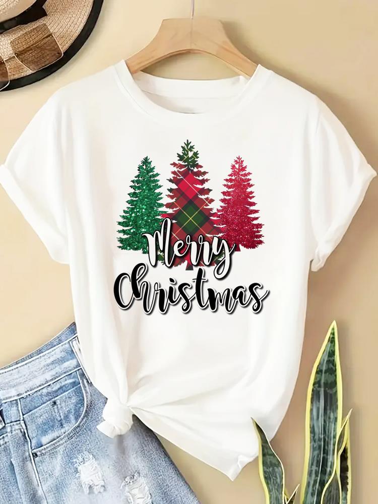 (Asian Size) watercolor letter new year T Clothing Short Sleeve T-shirts  Print merry Christmas o-neck Women's Top Fashion holiday Graphic Tee
