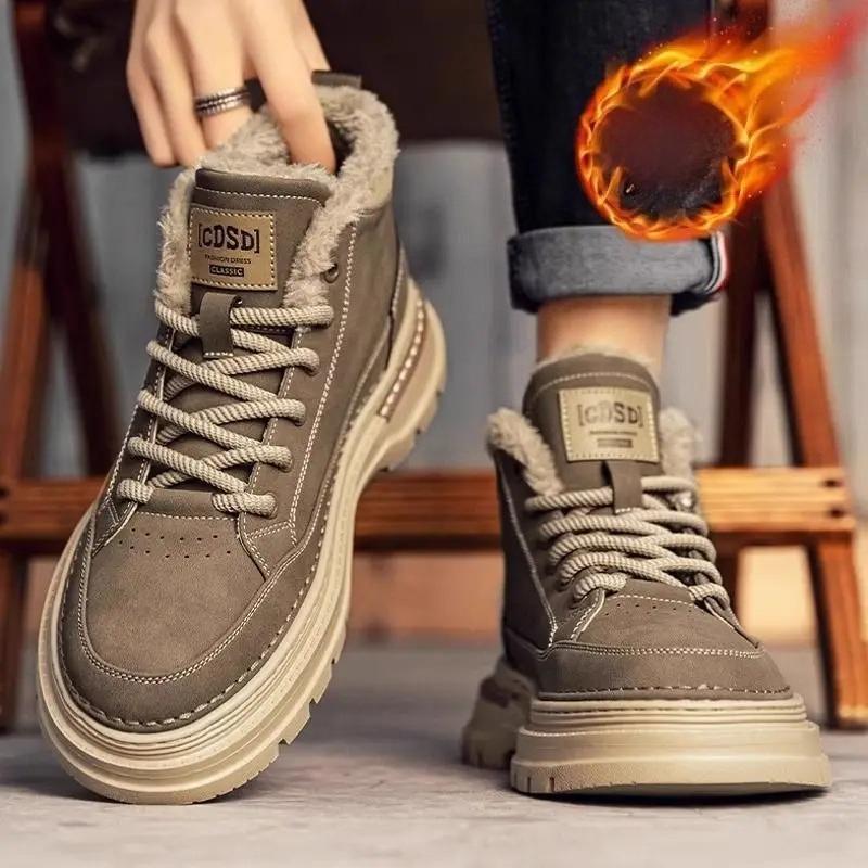 Модные мужские кожаные зимние ботинки на толстой подошве, уличная повседневная обувь с подкладкой для мужчин, зимний модный дизайн, толстая подошва, нескользящие ботильоны 44