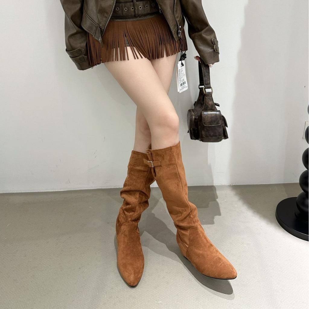 Boots Women's Over-the-Knee Boots 2025 Autumn and Winter New Women's Boots Inner Height Increasing Folds Piling Boots Suede Boots Women's