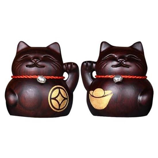 Archnote Maneki Neko Figurine Stylish Wooden Carved Ornament Wealth Good Luck Feng Shui Goods Interior Store Opening Celebration Black Sandalwood Pair
